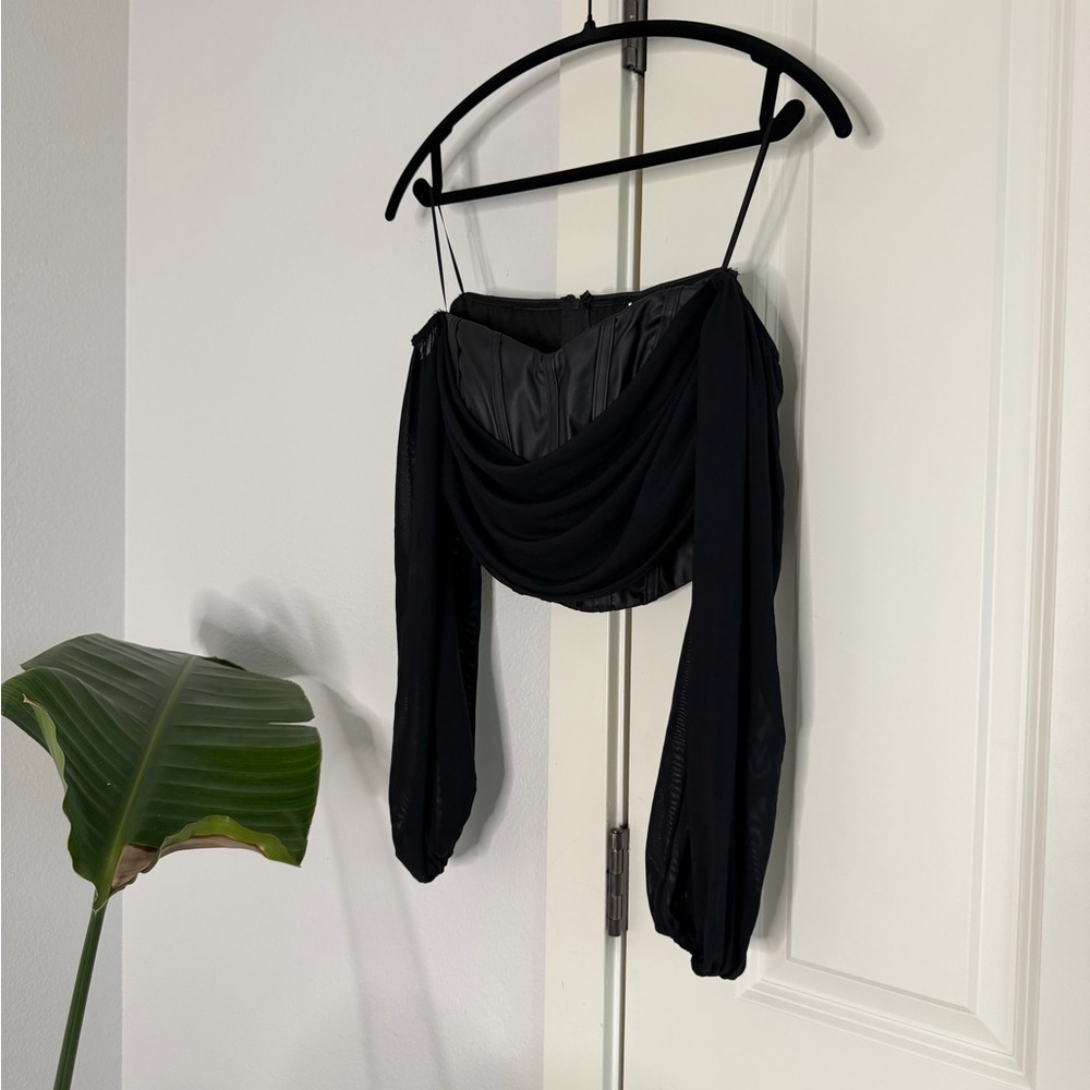 Windsor Faux Leather Sheer Long Sleeve Black Draped Off-Shoulder Top